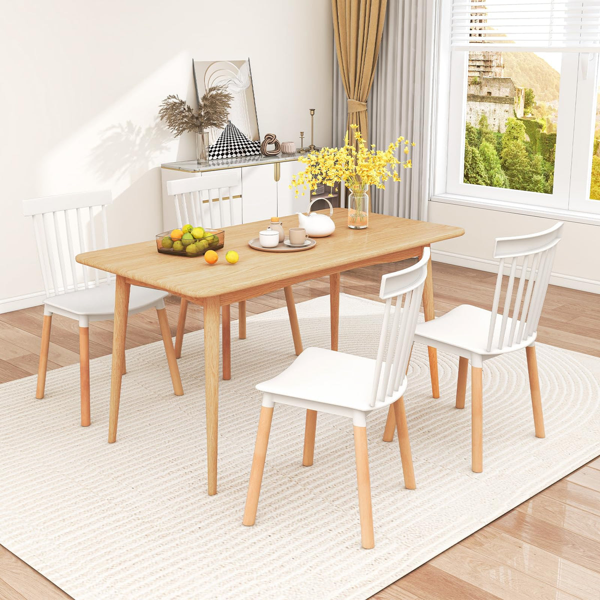 Goflame Set of 4 Windsor Dining Chairs White, Modern Kitchen Chairs w/Spindle Backs & Curved Seats