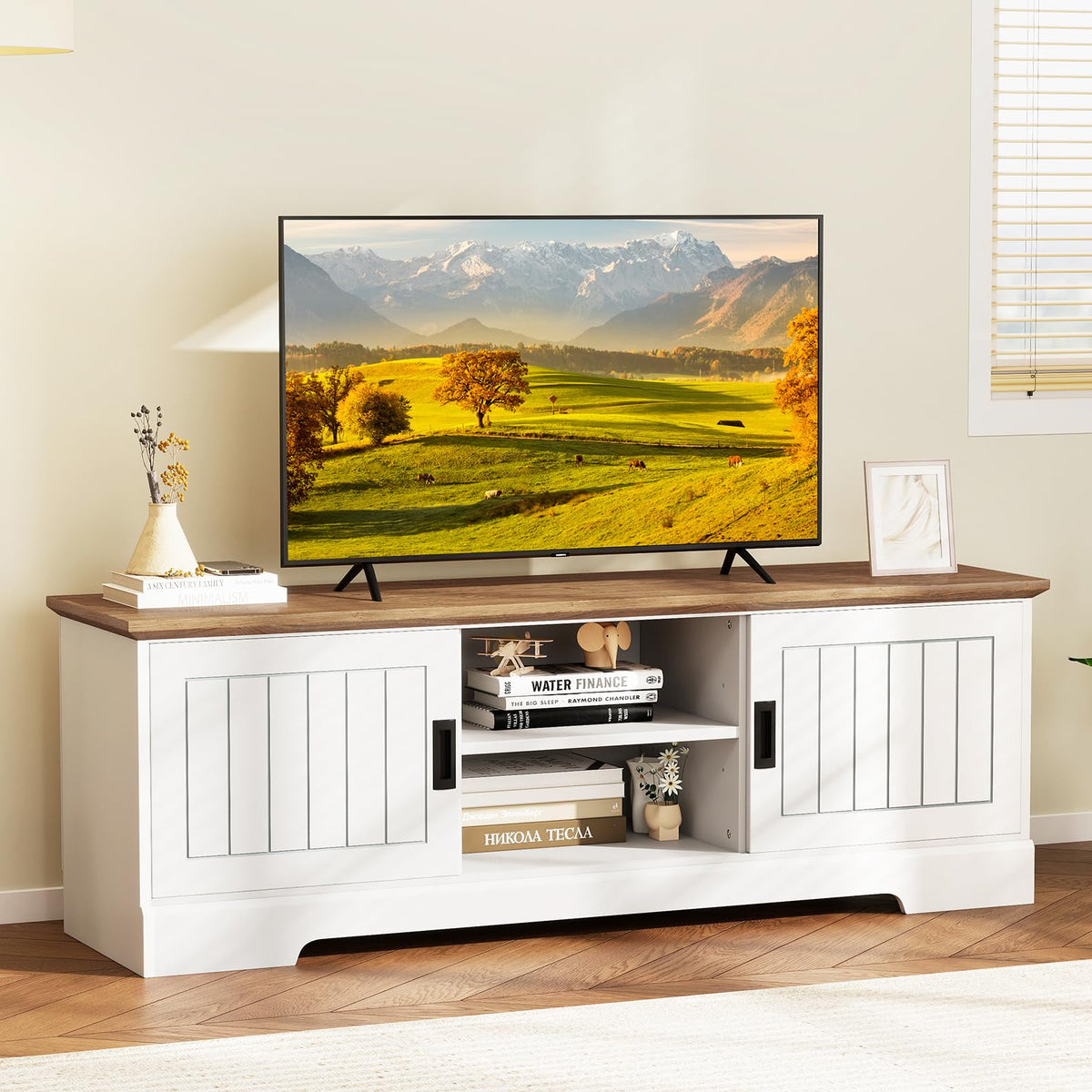 Goflame Farmhouse TV Stand for TVs up to 65" Entertainment Center with Storage Cabinets