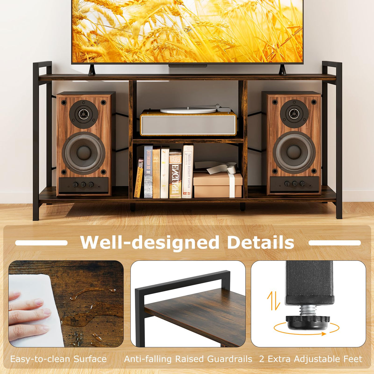 Goflame TV Stand for TVs up to 55", 3-Tier Entertainment Center with Open Storage Shelves, Side Guardrails & Metal Frame