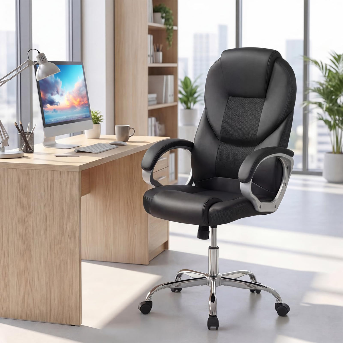 Goflame Leather Office Chair | Ergonomic Mesh Executive Chair with Padded Armrests & Rocking Backrest