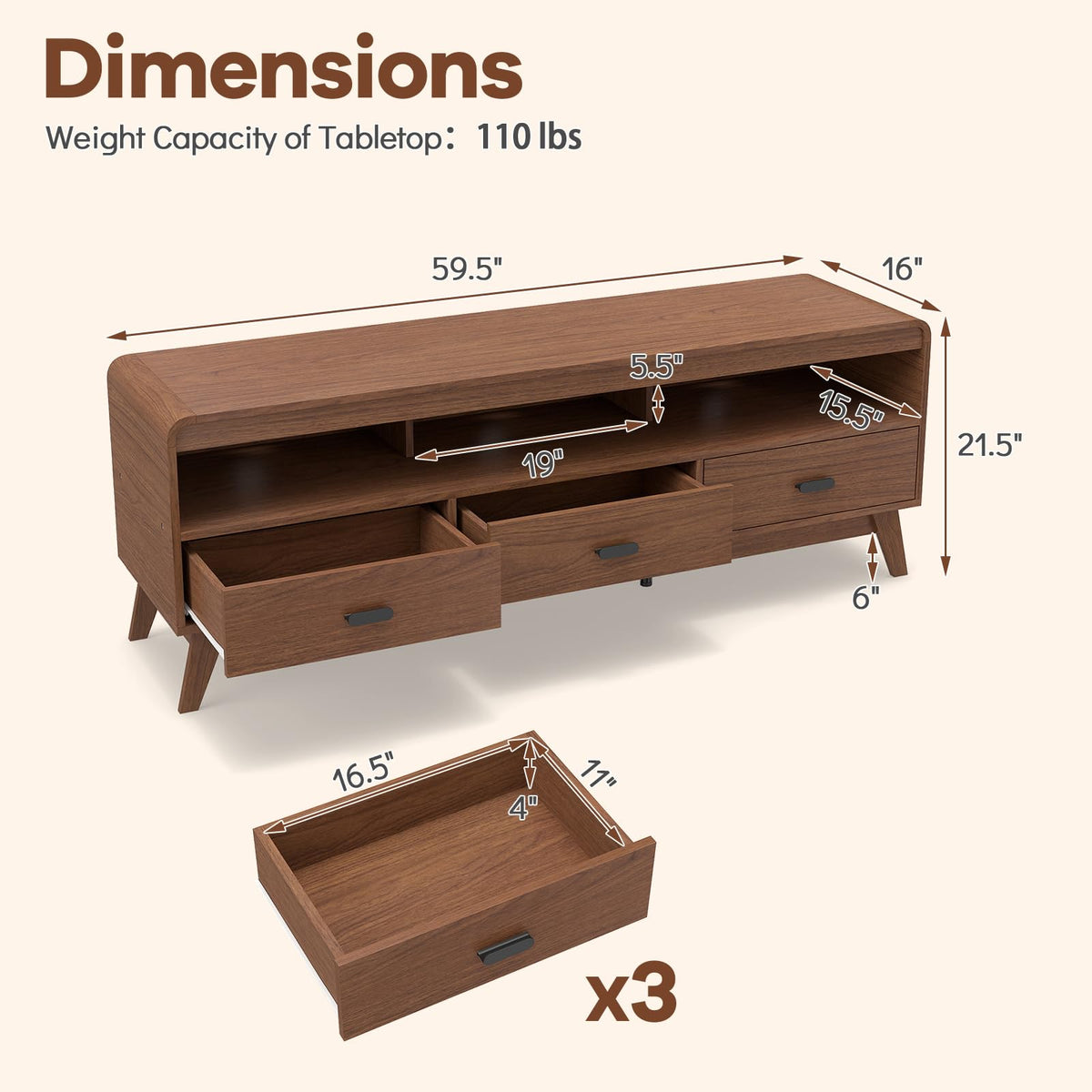 Goflame TV Stand for 60-70 Inch TV Mid-Century Modern Entertainment Center with 3 Storage Drawers