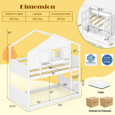Goflame Bunk Bed Twin Over Twin, Wood House Bed for Kids with Roof, Window Door, White