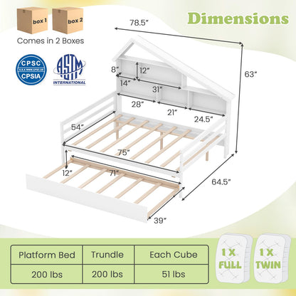 Goflame Full House Bed with Twin Trundle, Wood Daybed with 5 Cube Storage Bookcase & Headboard