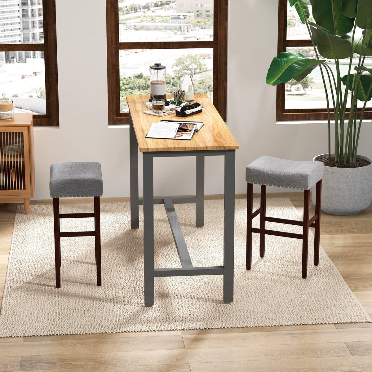 Goflame 29.5" Bar Height Bar Stools Set of 4 - Backless Saddle Barstools with Nailhead Linen Foam Seat