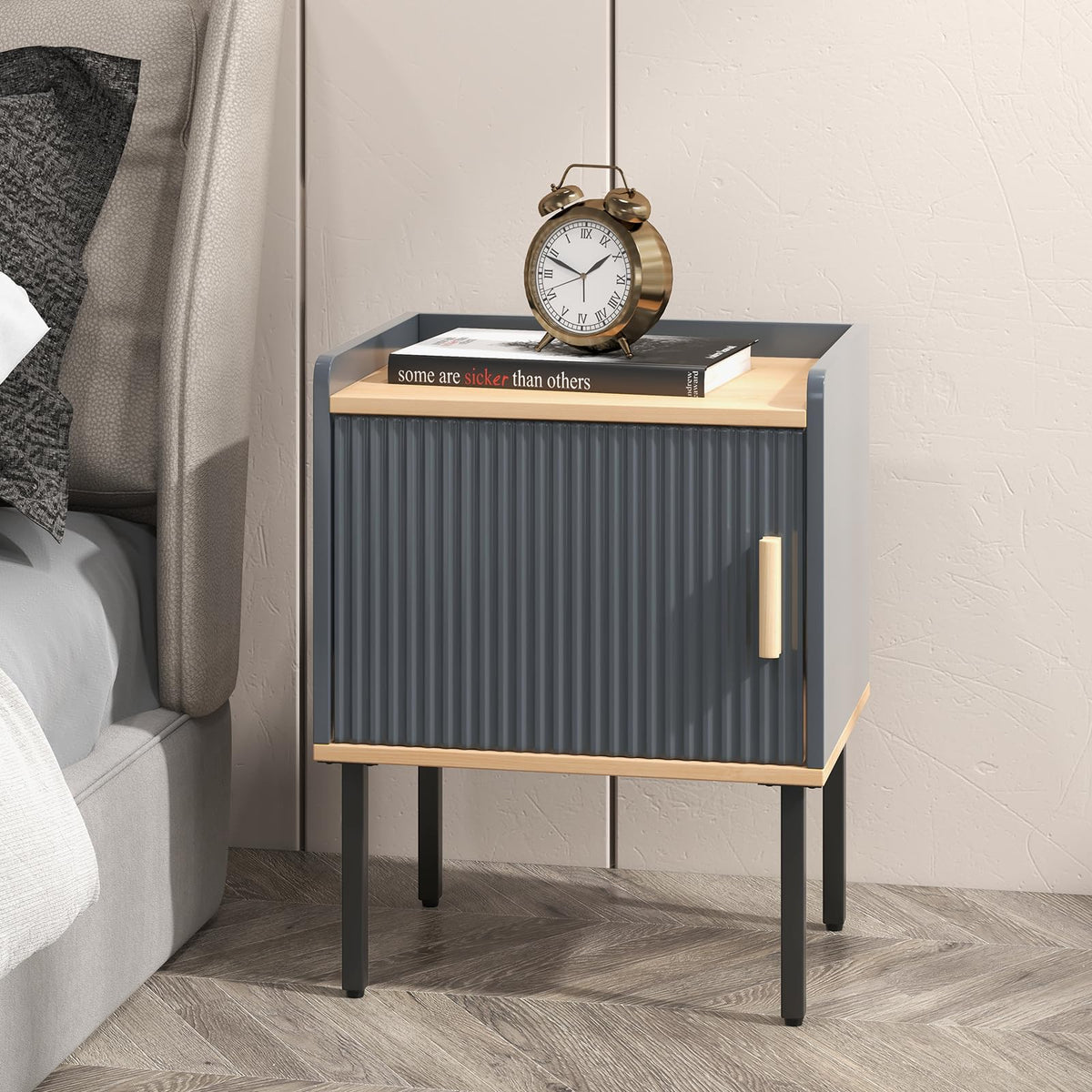 Goflame Nightstand with Storage, Bedside Table with Single Door Cabinet, Small Space, Gray