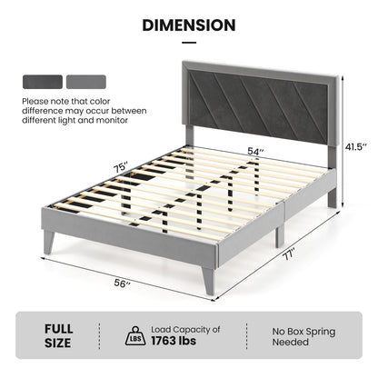 Goflame Full Size Velvet Bed Frame with Headboard, Modern Upholstered Platform Bed, No Box Spring Needed, Black & Gray