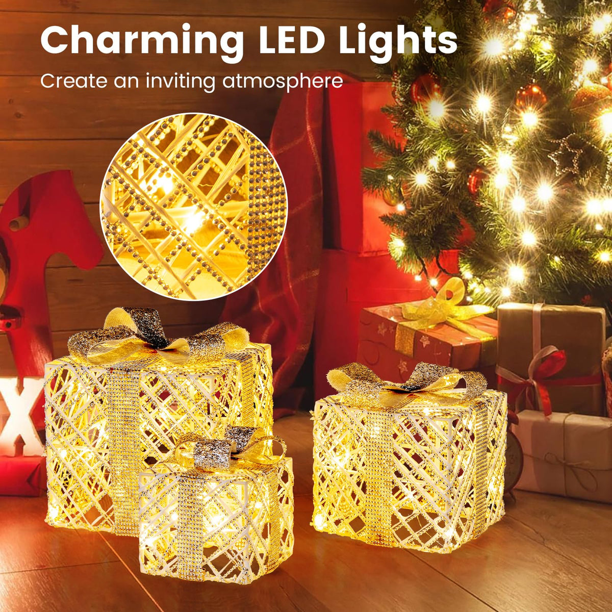 Goflame Set of 3 Christmas Lighted Gift Boxes, 90 LED Light up Present Boxes with Bows
