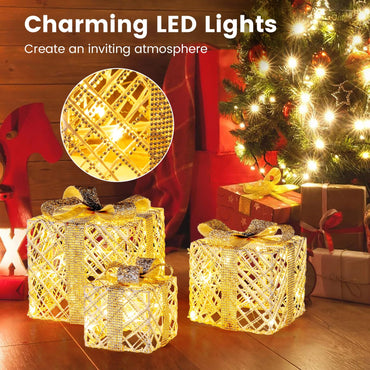 Goflame Set of 3 Christmas Lighted Gift Boxes, 90 LED Light up Present Boxes with Bows