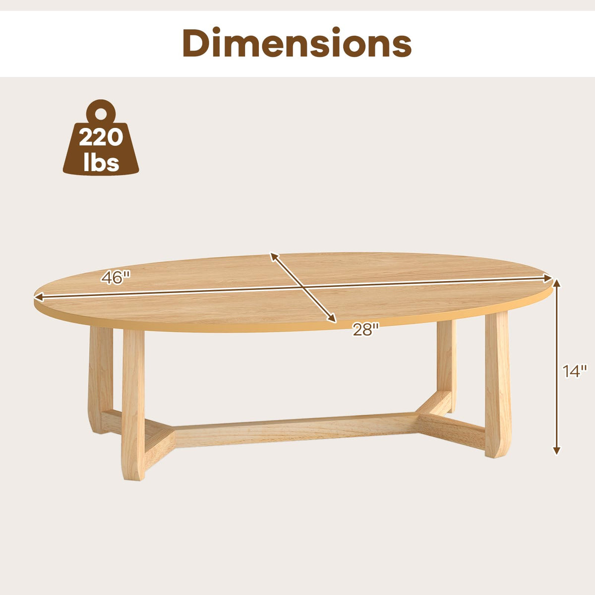 Goflame 46'' Oval Coffee Table hickened Top & Solid Rubber Wood Frame