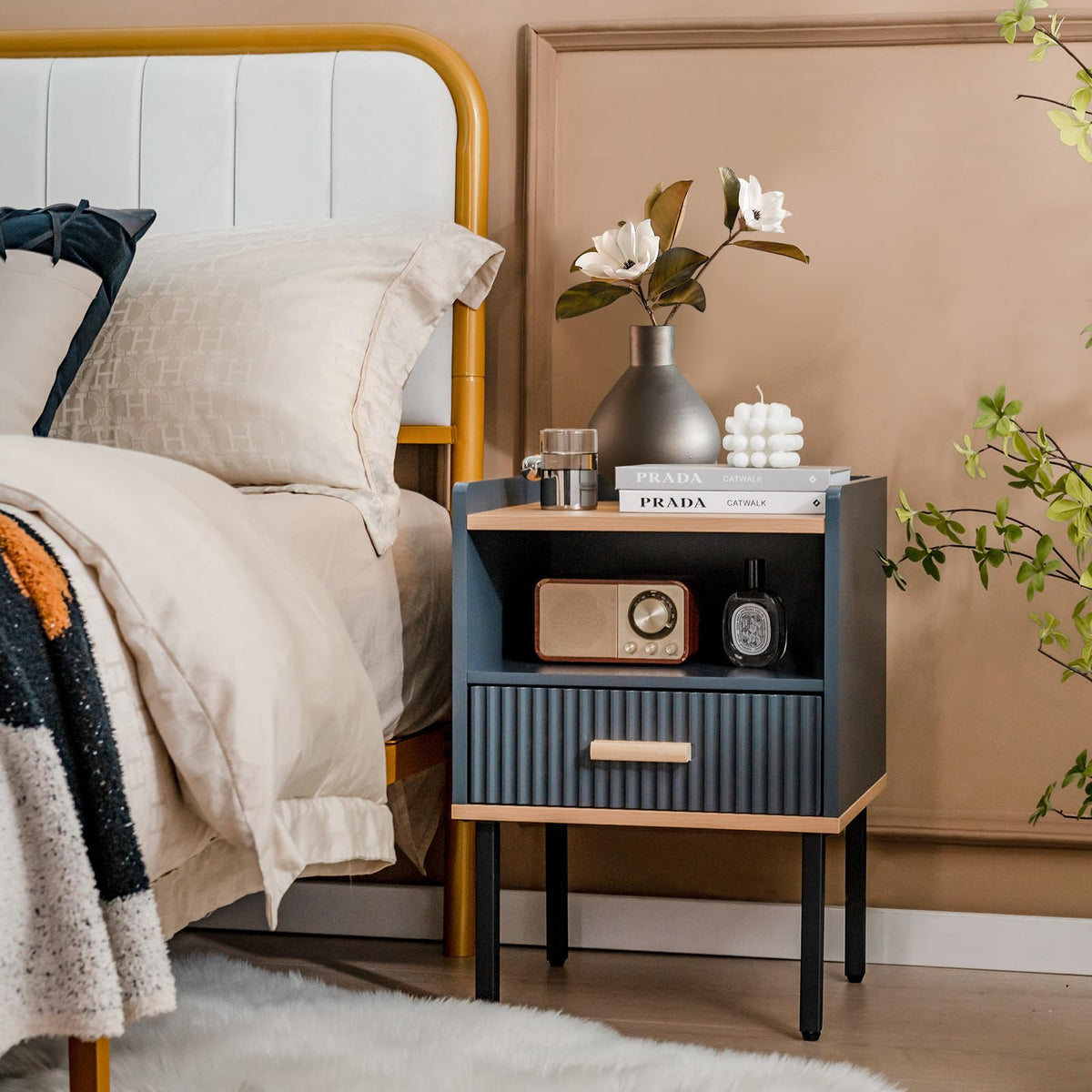 Goflame Modern Nightstand with Drawer - Bedside Table with Open Shelf, Gray