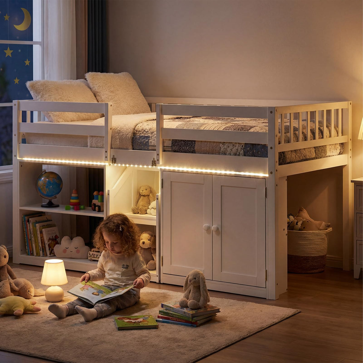 Goflame Low Loft Bed Twin Size with LED Lights, Wooden Bed Frame