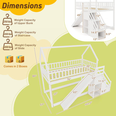 Goflame House Bunk Bed Twin Over Twin with Slide and Stairs