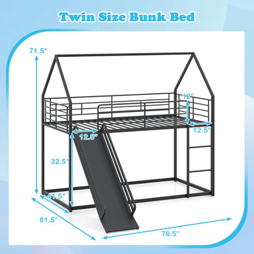 Goflame Twin Over Twin Bunk Bed with Slide & Ladder House-Shaped Metal Bunk Bed Frame with Safety Guardrail & Roof