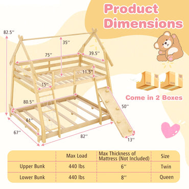 Goflame Twin Over Queen Bunk Bed, Wood House Bunk Bed for Kids with Climbing Nets and Ramp