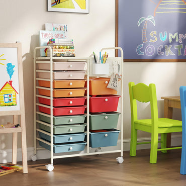 Goflame 14 Drawer Storage Cart | Rolling Craft Cart with Metal Tabletop & Pegboard