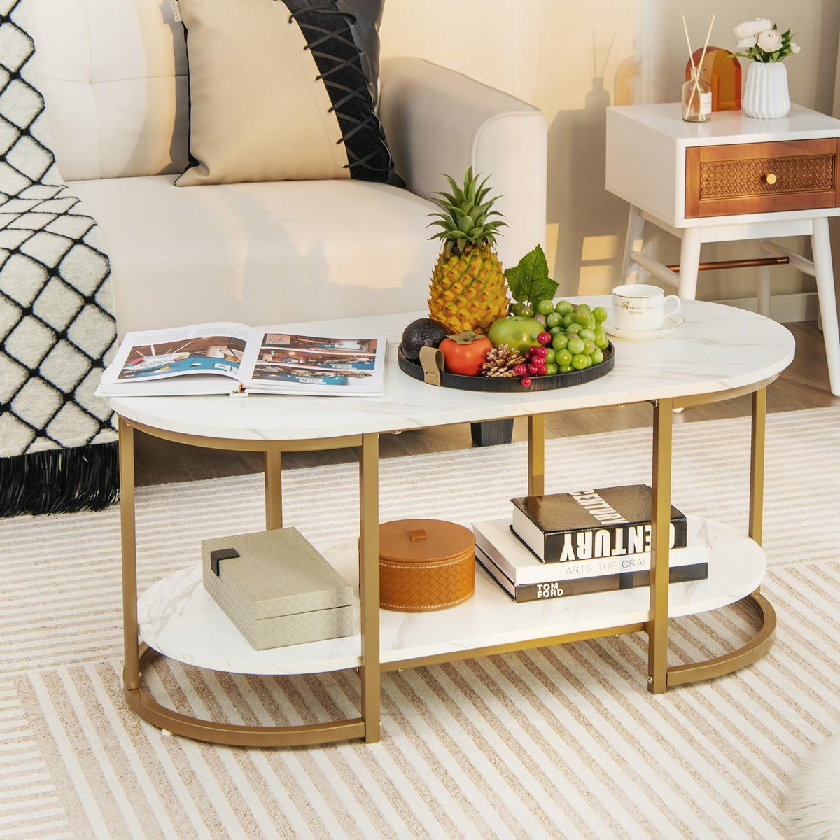 Goflame White Marble Coffee Table - Modern 2-Tier Center Table w/Open Storage Shelf
