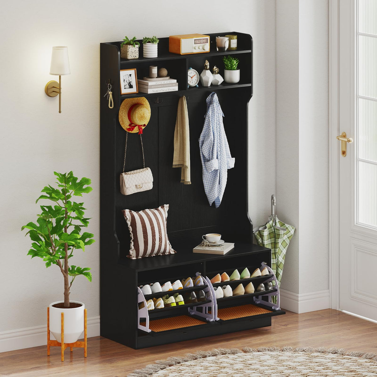 Goflame 4-In-1 Hall Tree Entryway Bench with Coat Rack & Flip Drawers