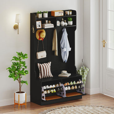 Goflame 4-In-1 Hall Tree Entryway Bench with Coat Rack & Flip Drawers
