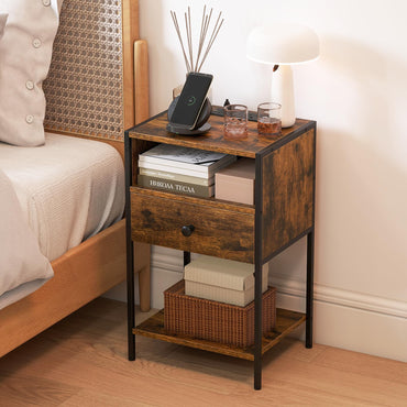 Goflame Night Stand with Charging Station for Bedroom Small Spaces