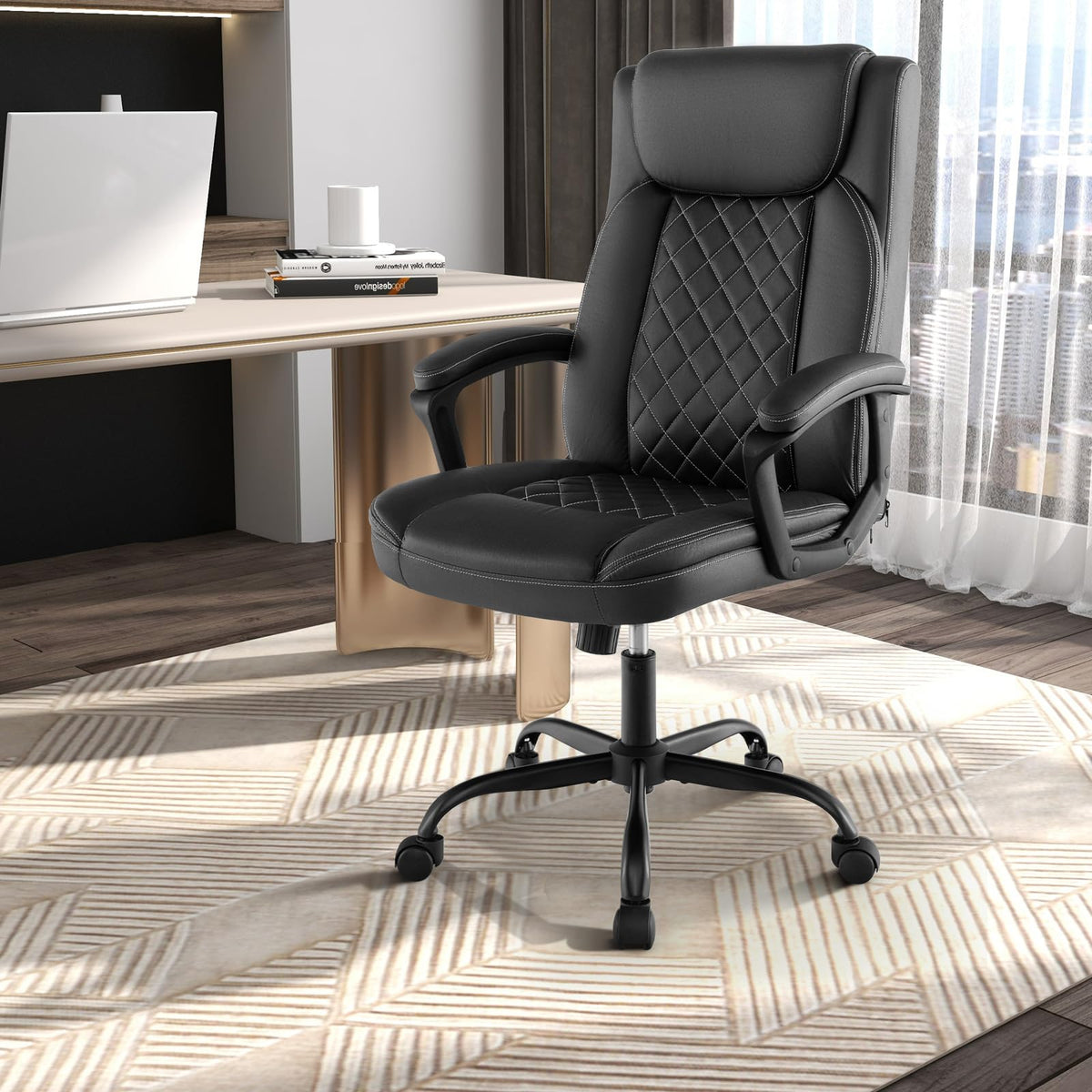 Goflame Executive Office Chair, Leather Like Desk Chair with Thick Headrest Cushion & Padded Armrests, Black
