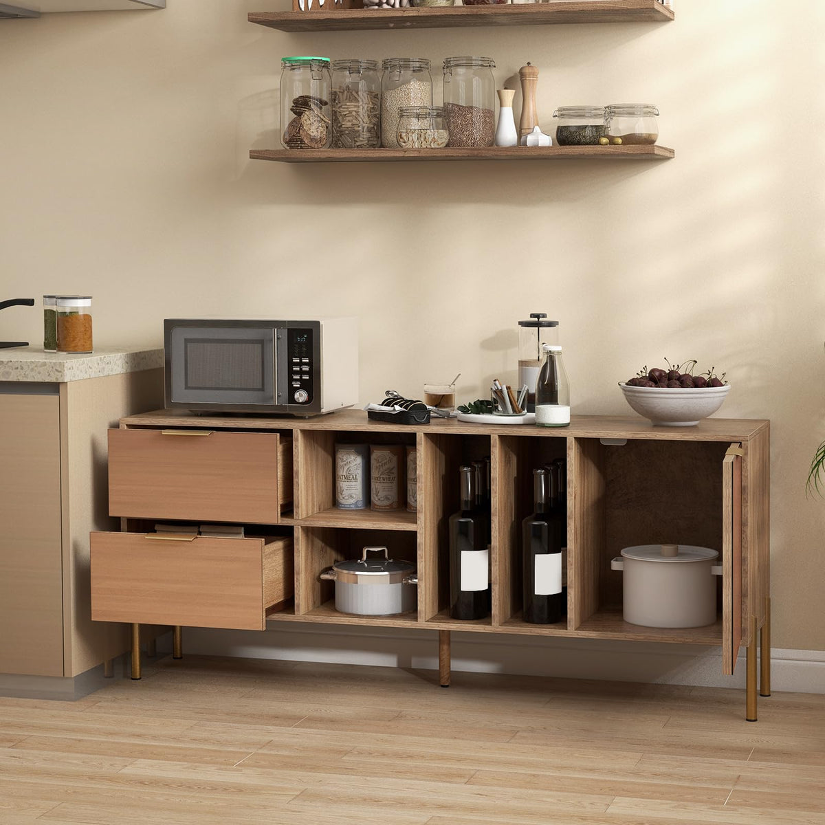 Goflame Mirrored Buffet Cabinet, Wooden Kitchen Sideboard Storage Cabinet w/2 Drawers & 1 Door Accent Cabinet