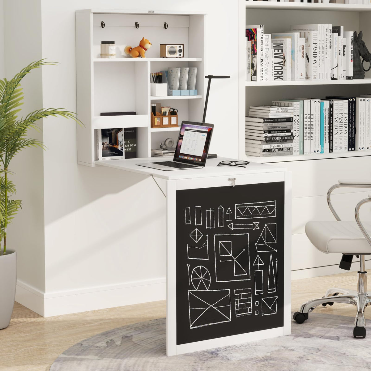 Goflame Foldable Wall Mounted Desk with Storage Shelves Hooks & Chalkboard