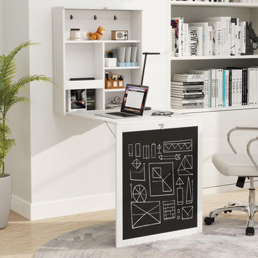 Goflame Foldable Wall Mounted Desk with Storage Shelves Hooks & Chalkboard