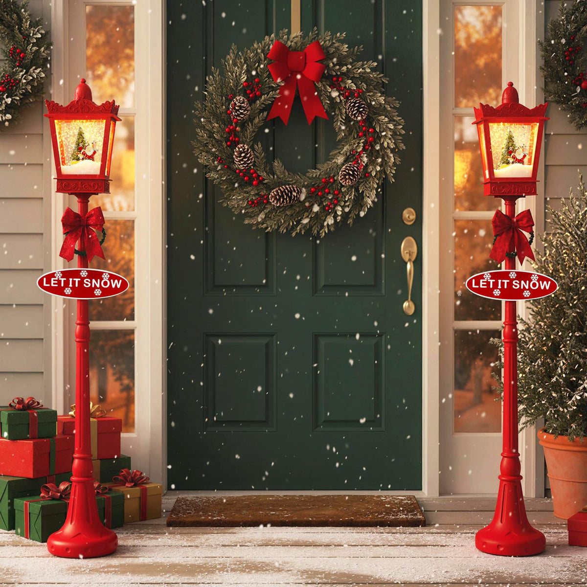 Goflame 8 ft Musical Christmas Streetlight w/Warm White LED Lights Snowy Effects Santa Scene