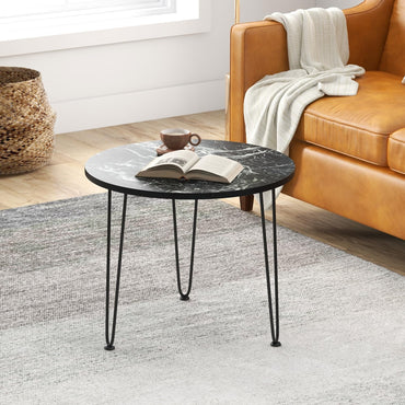 Goflame Round Coffee Table, Faux Marble Center Table with Metal Legs, Sofa Accent Side Table