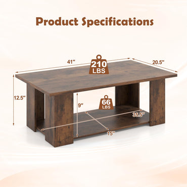 Goflame Rectangle Wood Center Table, 41" L 2-Tier Large Modern Tea Table w/Open Compartment
