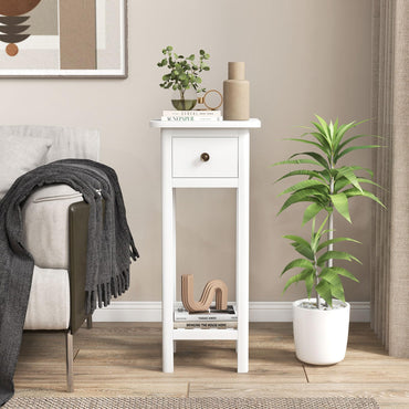 Goflame Narrow End Table with Drawer, Tall Acacia Wood Side Table with Bottom Shelf, Modern Bedside Tables