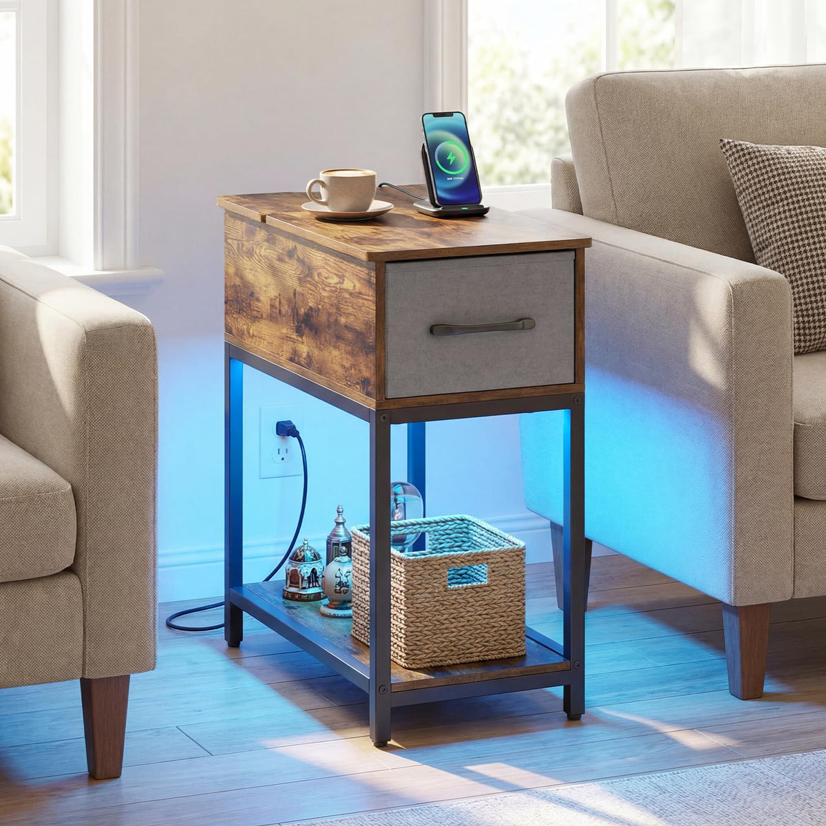 Goflame Narrow Side Table with Charging Station and LED Lights Industrial End Table