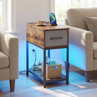 Goflame Narrow Side Table with Charging Station and LED Lights Industrial End Table