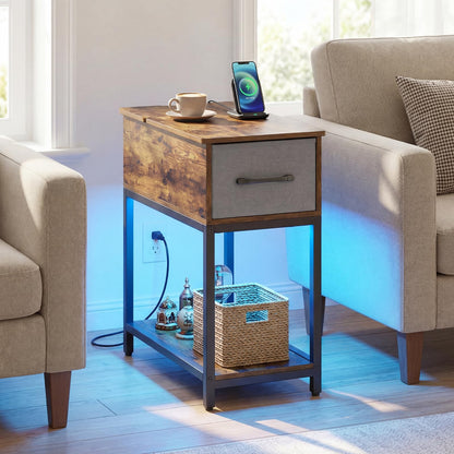 Goflame Narrow Side Table with Charging Station and LED Lights Industrial End Table