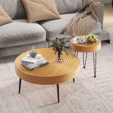 Goflame Round Coffee Table Set of 2 - Sofa Side Nesting Table w/Solid Pine Wood Top