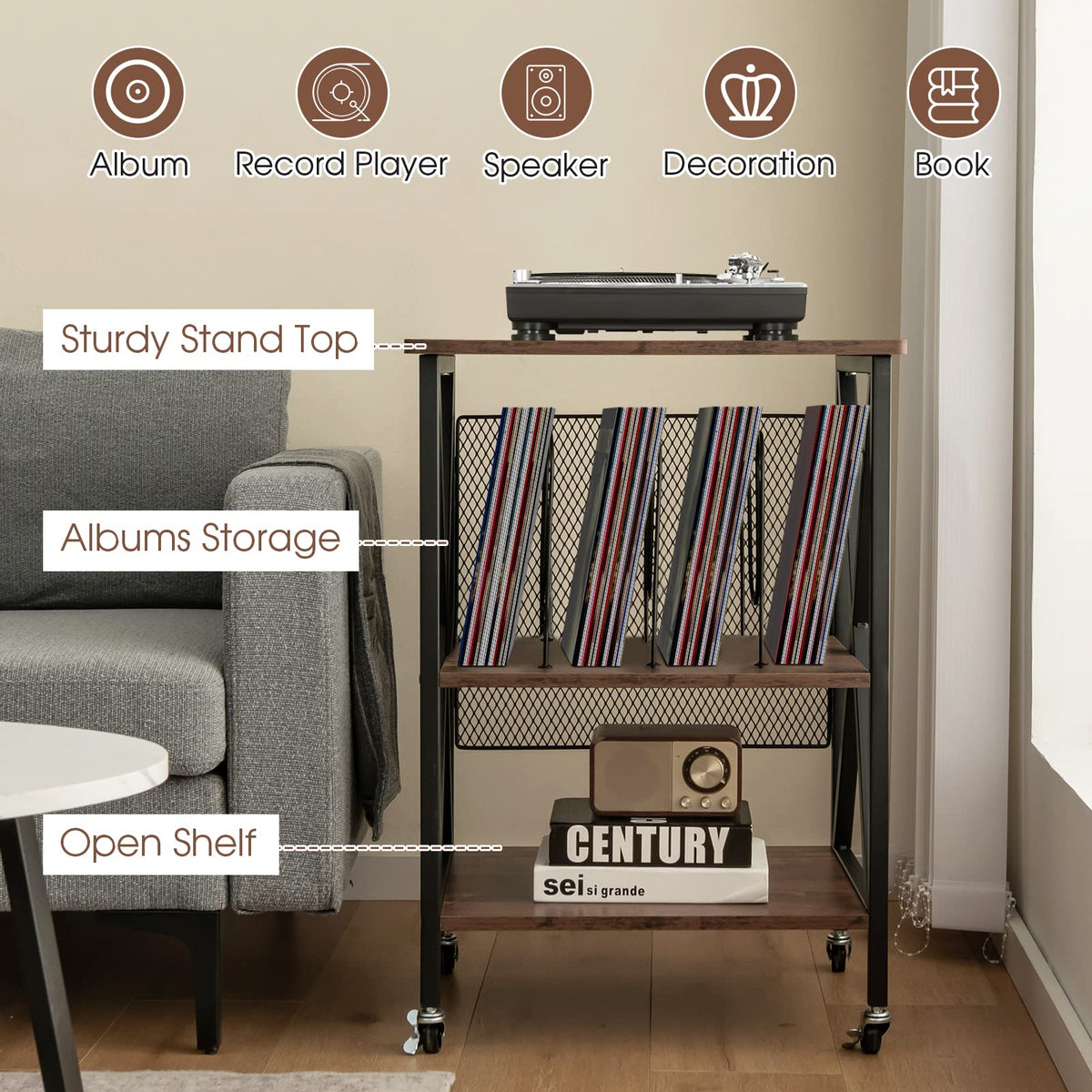 Goflame Record Player Stand, Vinyl Record Storage Table w/ 3 M-shaped Dividers & 4 Rolling Wheels, Rustic Brown