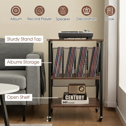 Goflame Record Player Stand, Vinyl Record Storage Table w/ 3 M-shaped Dividers & 4 Rolling Wheels, Rustic Brown