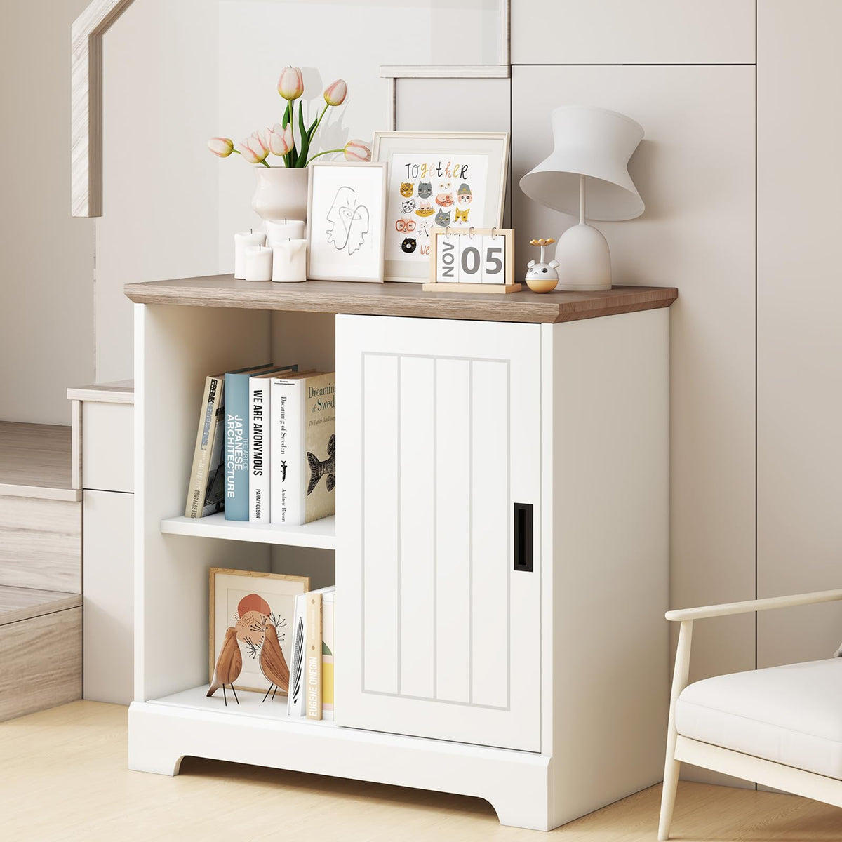 Goflame Small Sideboard Buffet Cabinet Farmhouse Kitchen Storage Cabinet with Fluted Sliding Door