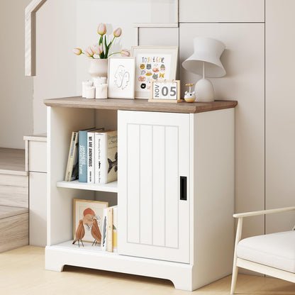 Goflame Small Sideboard Buffet Cabinet Farmhouse Kitchen Storage Cabinet with Fluted Sliding Door