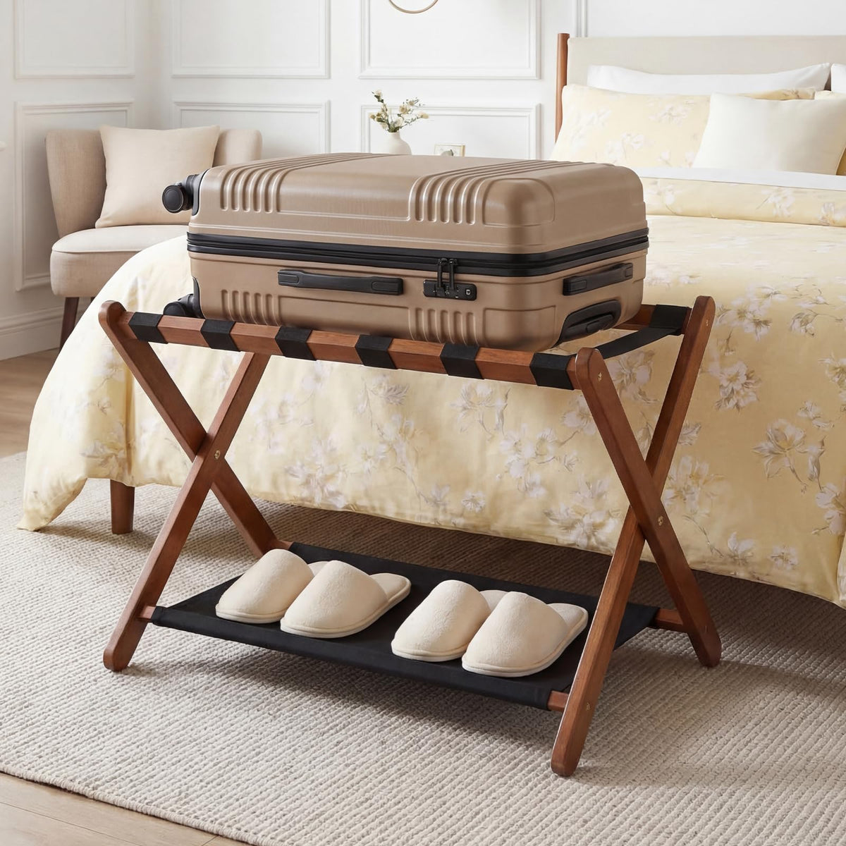 Goflame Folding Luggage Rack | Solid Rubber Wood Suitcase Stand with Storage Shelves