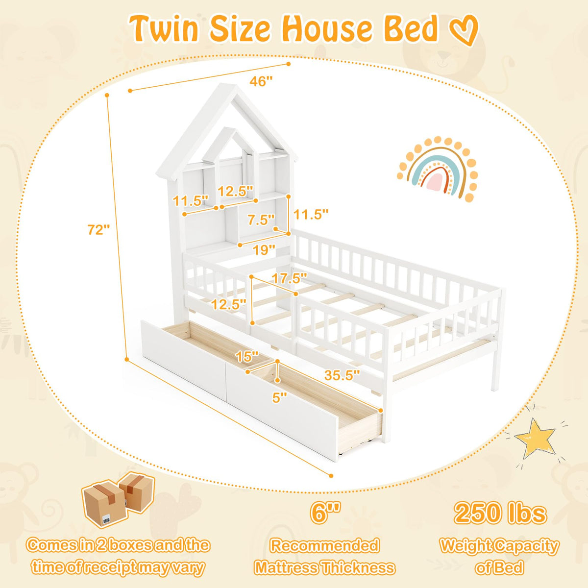 Goflame Twin House Bed with 2 Storage Drawers