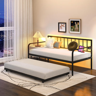 Goflame Twin Daybed with Trundle, Metal Day Bed with Charging Station & LED Lights