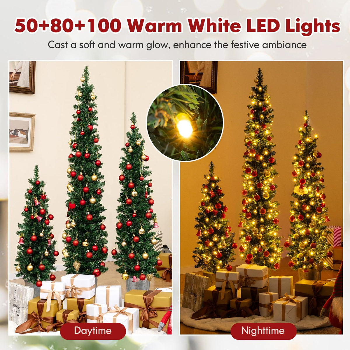 Goflame 3' 4' 5' Pre-Lit Artificial Christmas Tree Set of 3, Slim Pencil Potted Xmas Tree with 423 Branch Tips, 230 Warm White LED Lights
