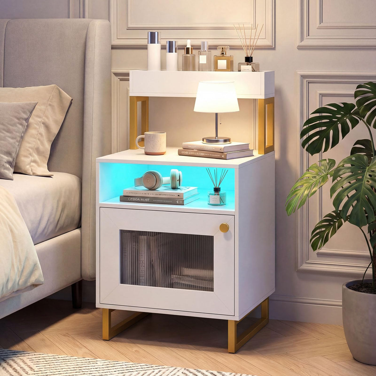 Goflame Night Stand with LED Lights | Tall Sofa Side Couch End Table w/Top Tray (1/2)