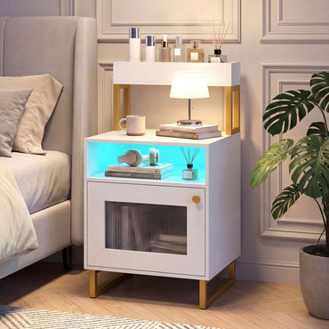 Goflame Night Stand with LED Lights | Tall Sofa Side Couch End Table w/Top Tray (1/2)