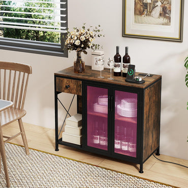Goflame Industrial Buffet Sideboard with Power Outlets and LED Light