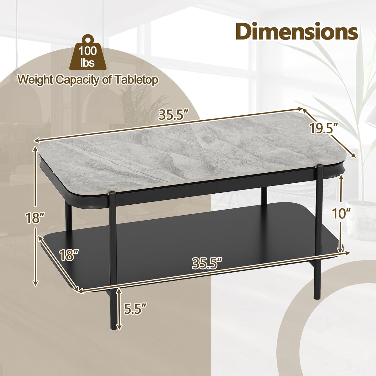 Goflame 2-Tier Coffee Table with Storage Faux Mable Center Table w/Sintered Stone Top