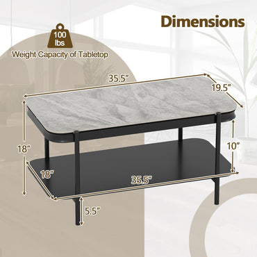 Goflame 2-Tier Coffee Table with Storage Faux Mable Center Table w/Sintered Stone Top