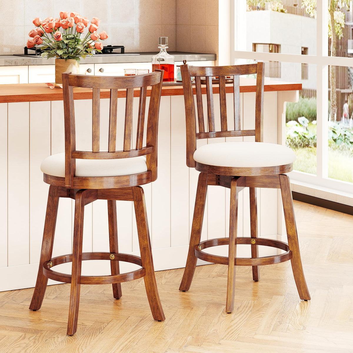 Goflame 30.5" Swivel Bar Stools Set of 2/4 with Rubber Wood Legs & Footrest & Upholstered Seat