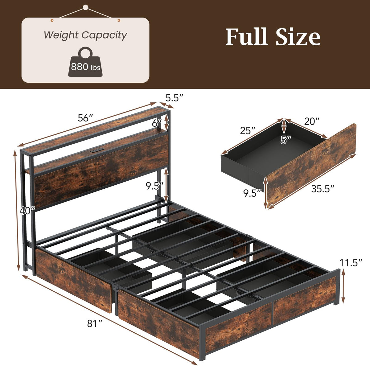 Goflame Queen/Full Size LED Bed Frame with Charging Station & 4 Storage Drawers